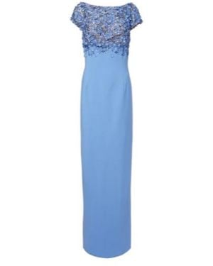 Oscar de la Renta Porcelain Flower Embellished Wool-Blend Gown - Blue