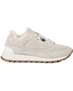 Brunello Cucinelli Suede Shearling-Trim Sneakers - White