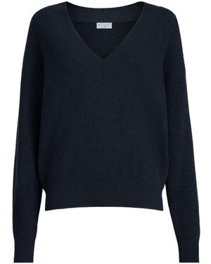 Brunello Cucinelli Sparkling-Detail Ribbed V-Neck Jumper - Blue