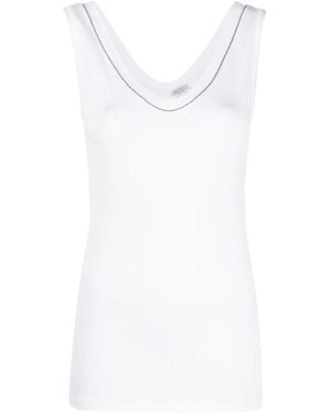 Brunello Cucinelli Monili Embellished Trim Ribbed-Knit Tank Top - White