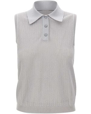 Eleventy Pointelle Knit Polo Knitted Top - Grey