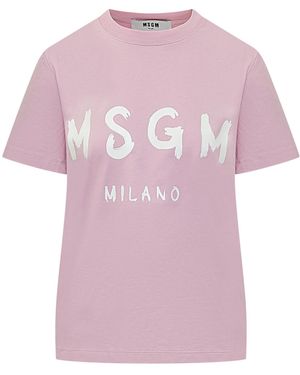 MSGM Logo Printed Crewneck T-Shirt - Pink