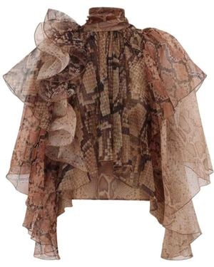 Zimmermann Ruffled Snakeskin-Print Blouse - Brown