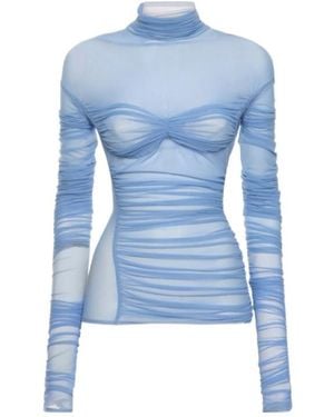 Mugler Puffy High Neck Long Sleeve Blouse - Blue
