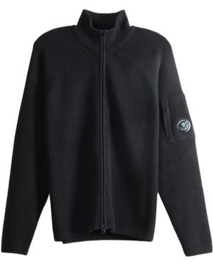 C.P. Company Waffle Knit Zip Lens Cardigan - Blue