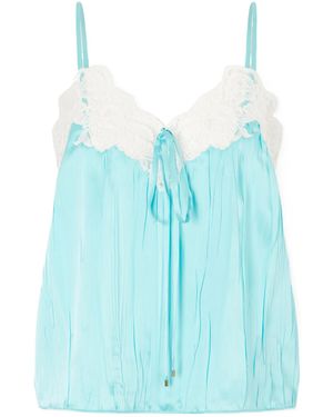 Chloé Lace-Trimmed Crinkled Silk-Satin Top - Blue