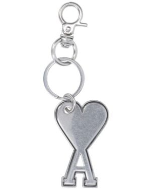 Ami Paris Metallic Logo-Charm Polished Finished Keyring - White
