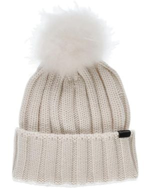 Woolrich Logo Patch Pompom Detailed Beanie - White