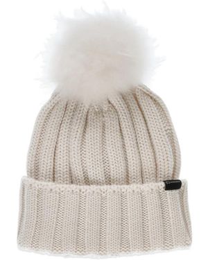 Woolrich Logo Patch Pompom Detailed Beanie - White