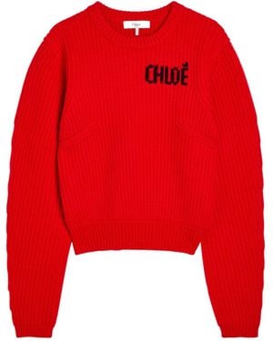 Chloé Logo Wool And Cashmere-Blend Sweater - Red