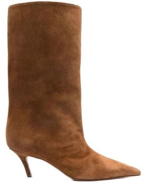 AMINA MUADDI Pointed Mid-Heel Knee-High Boots - Brown
