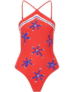 STAUD Cadence Printed Halterneck One-Piece - Red