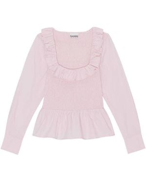 Ganni Ruffled Poplin Smock Blouse - Pink