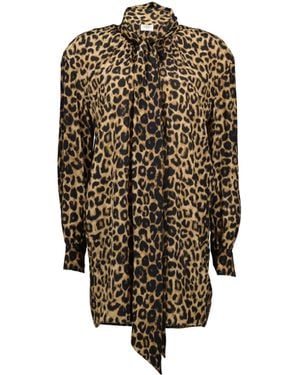 Saint Laurent Leopard Printed Long-Sleeved Dress - Multicolor