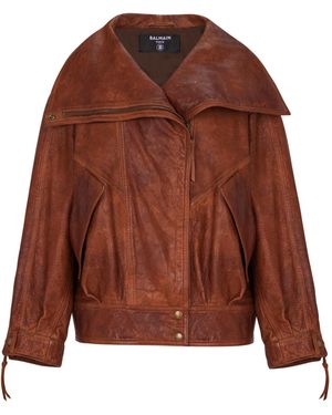 Balmain Oversized Leather Jacket - Brown