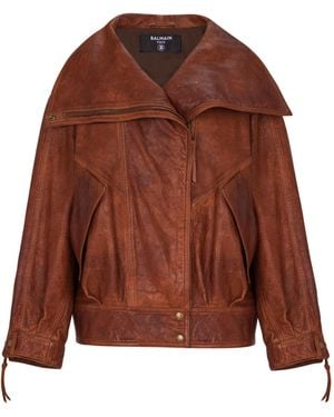 Balmain Oversized Leather Jacket - Brown