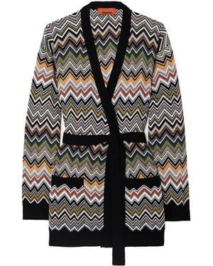 Missoni Belted Striped Jacquard-Knit Cardigan - Grey