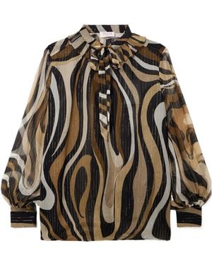 PUCCI Ruffled Metallic Silk-Blend Crepon Pussy-Bow Blouse - Grey