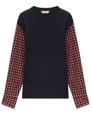 Marni Deep Cotton T-Shirt With Checked Shirt Sleeves - Blue