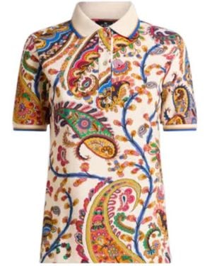 Etro Floral Paisley Print Motif Stretch Pique Polo Shirt - White