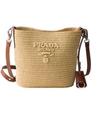 Prada Small Crochet And Leather Bucket Bag - Natural
