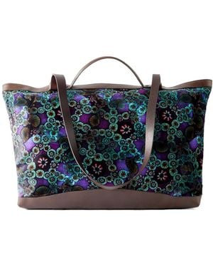 Dries Van Noten Printed Leather-Trimmed Velvet Tote - Blue