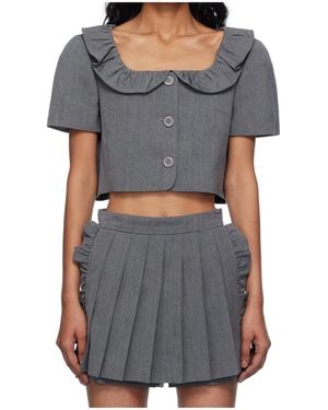Pushbutton Ruffled Collar Cropped Top - Grey