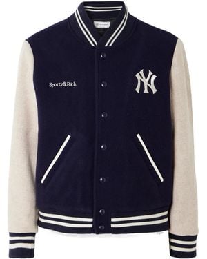 Sporty & Rich Embroidered Wool Felt Bomber Jacket - Blue