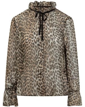 Ganni Leopard Printed Chiffon Tie String Shirt - Brown