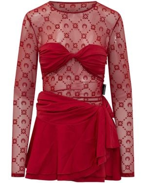Marine Serre Moonogram Flock Ruffle Mini Dress - Red