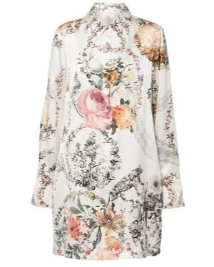 CAMILLA Floral Silk Satin Shirt Dress - White