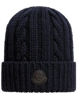 Moncler Leather Logo Wool Beanie - Blue