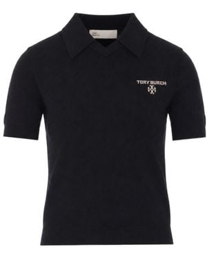 Tory Burch Logo Fine-Knit Polo Top - Black