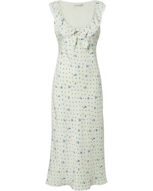 Alessandra Rich Lace-Trimmed Floral Pattern Silk Midi Dress - White