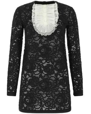 Saint Laurent Frill Detail Lace Dress - Black
