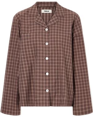 Tekla Checked Organic Cotton Pajama Shirt - Brown