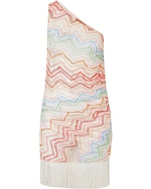 Missoni One-Shoulder Fringed Striped Crochet-Knit Mini Dress - White