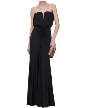 Self-Portrait Ruched V-Neck Gown Dress - Black