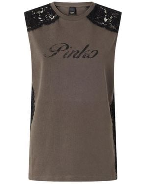 Pinko Lace-Panelled Logo-Print Top - Brown