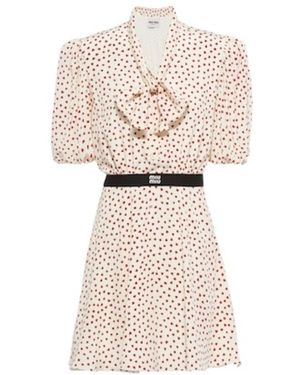 Miu Miu Crepe De Chine Mini-Dress With Heart Print - Natural