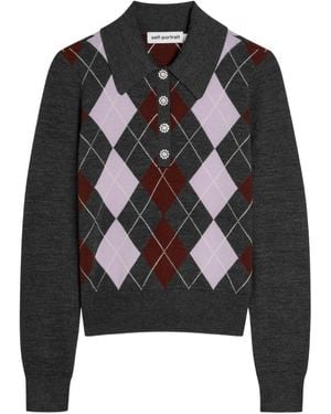 Self-Portrait Argyle Wool Polo Top - Black