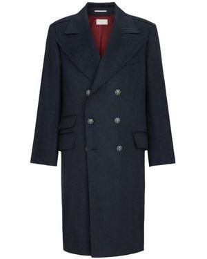 Brunello Cucinelli Cashmere Chevron Flannel One-And-A Half Breasted Coat With Peak Lapels And Metal Buttons - Blue
