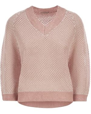 Peserico V-Neck Embellished Mesh Knit Top - Pink