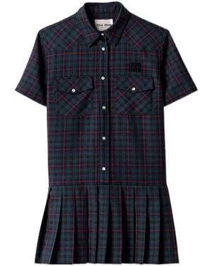 Miu Miu Pleated Plaid Mini-Dress - Blue