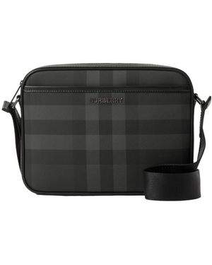 Burberry Logo Plaque Checked Messenger Bag - Black