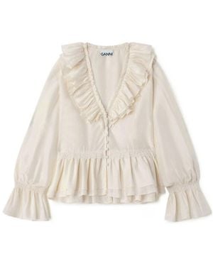 Ganni V-Neck Ruffled Lace-Trim Blouse - Natural