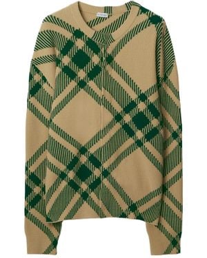 Burberry Chequered Intarsia Knit Crewneck Cardigan - Green