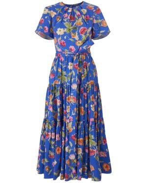 Carolina Herrera Poppy-Print Tiered Midi Dress With Sash - Blue