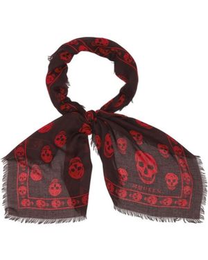 McQueen Classic Skull Printed Frayed-Edeg Scarf - Red