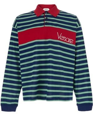 Versace Logo-Detail Striped Long-Sleeve Polo Shirt - Blue